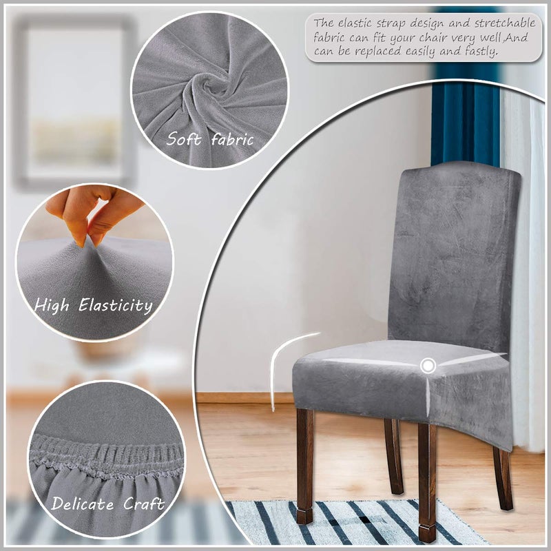 KELUINA Velvet Plush XL Dining Chair Covers, Stretch Chaircover, Spandex High Chairs Protector Covers Seat Slipcover with Elastic Band for Dining Room,Wedding, Ceremony, Banquet (Silver Grey, Set of 4) - Image 2